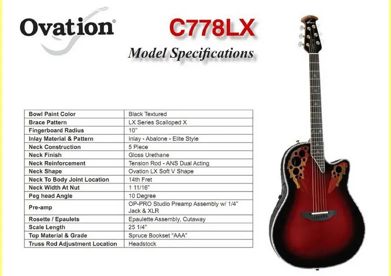 Ovation C778LX Model Specifications and Service Parts Reference
