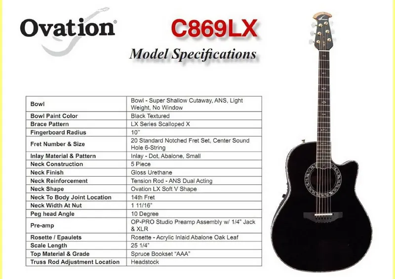 Ovation C869LX Model Specifications and Service Parts Reference