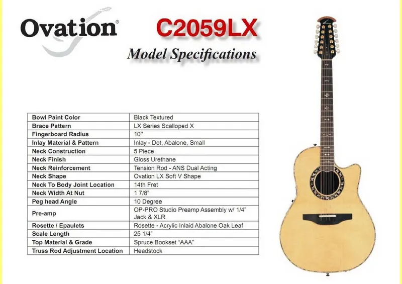 Ovation C2059LX 12-String Acoustic-Electric Guitar Model Specifications and Service Parts Reference