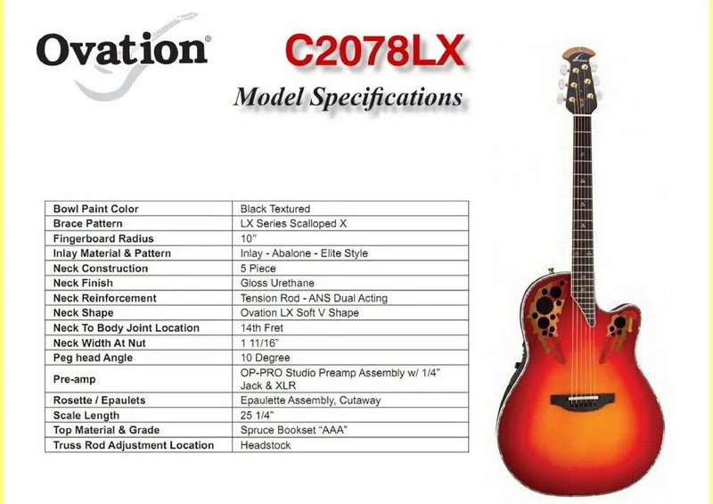 Ovation C2078LX Model Specifications and Service Parts Reference
