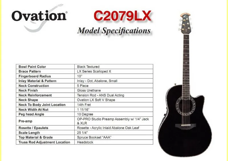 Ovation C2079LX Acoustic-Electric Guitar Model Specifications and Service Parts Reference
