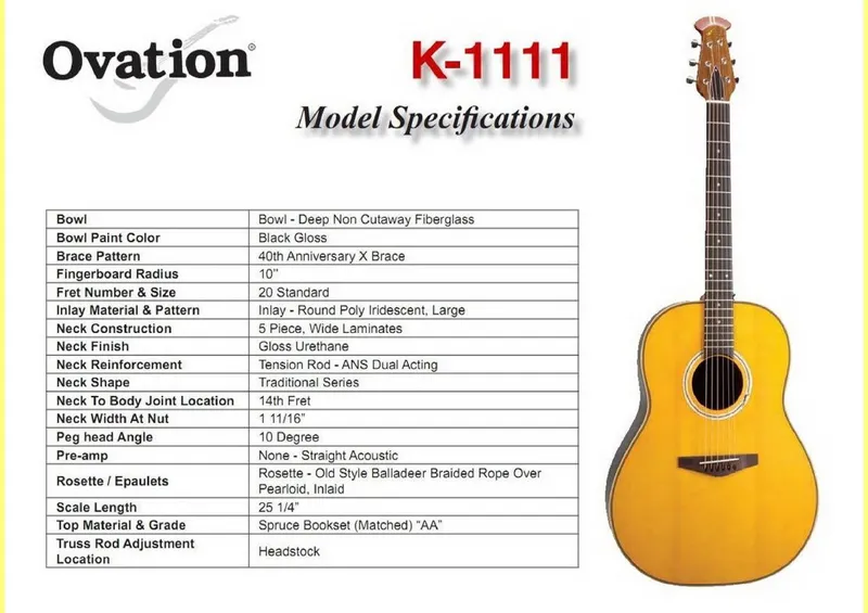 Ovation k 1111 acoustic guitar model specifications and service parts reference page 01