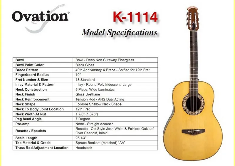 Ovation K-1114 Acoustic Guitar Model Specifications and Service Parts Reference