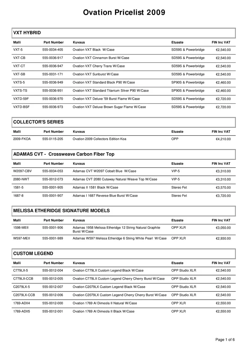 Ovation Pricelist 2009 - Finnish Market