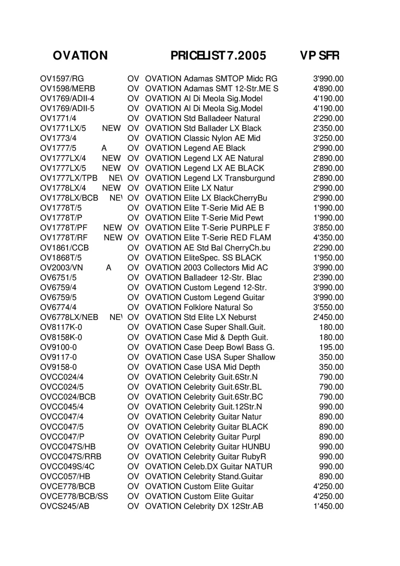 Ovation Pricelist July 2005 - Swiss Franc (VP SFR)