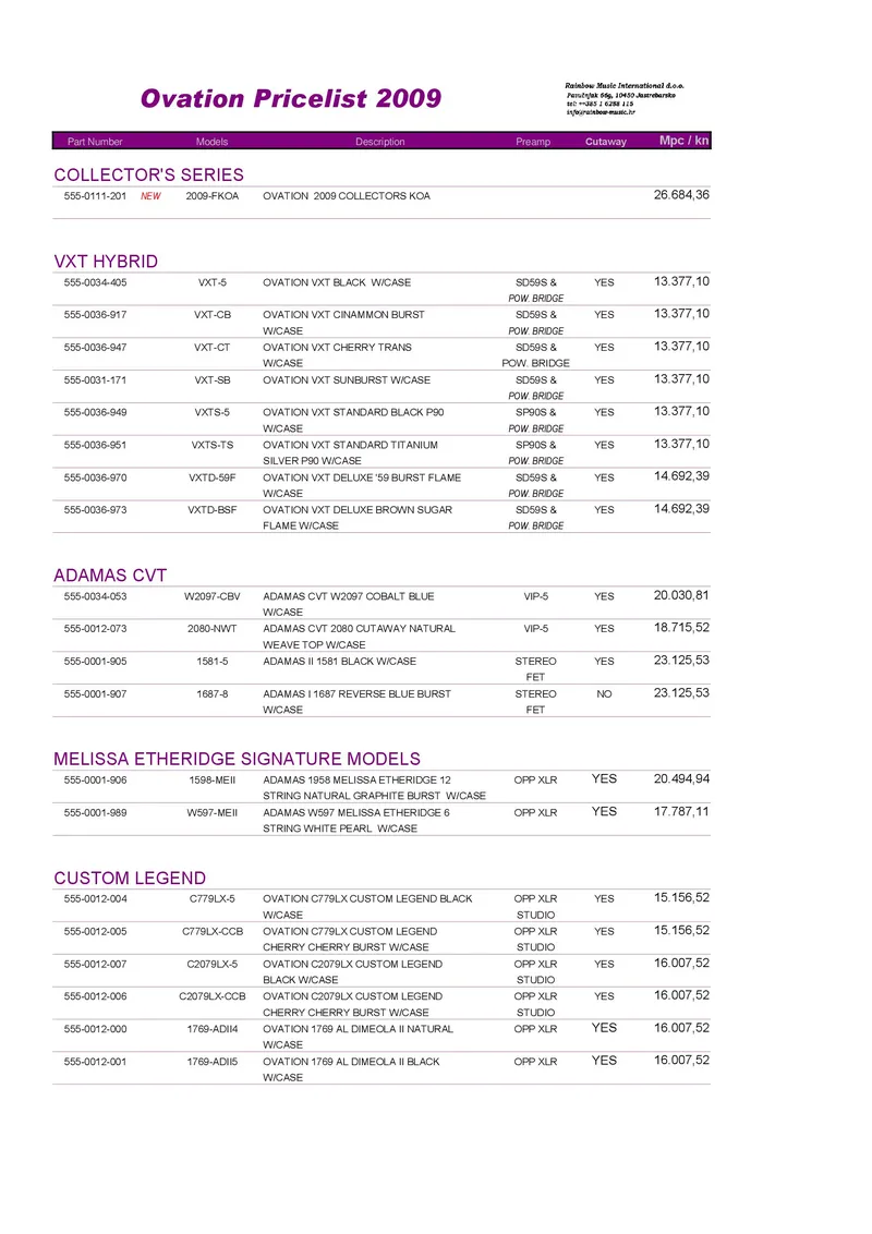 Ovation Pricelist 2009 - Rainbow Music International