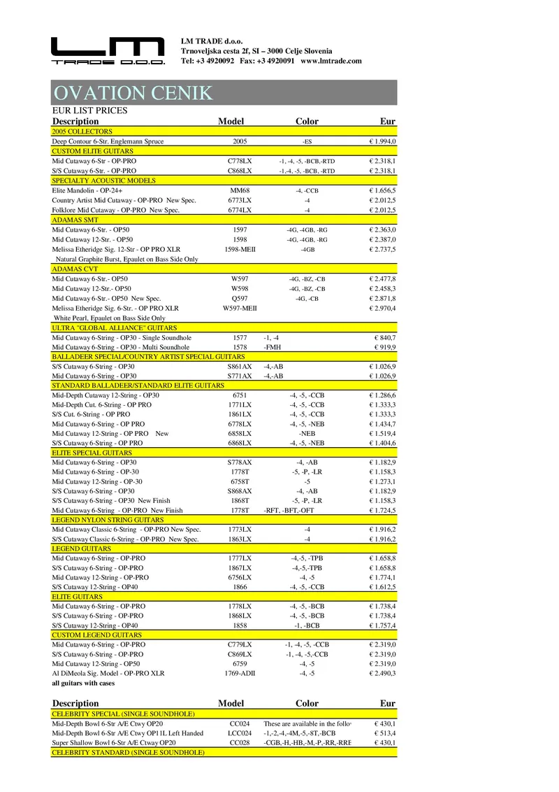 Ovation Guitar EUR List Prices Catalog