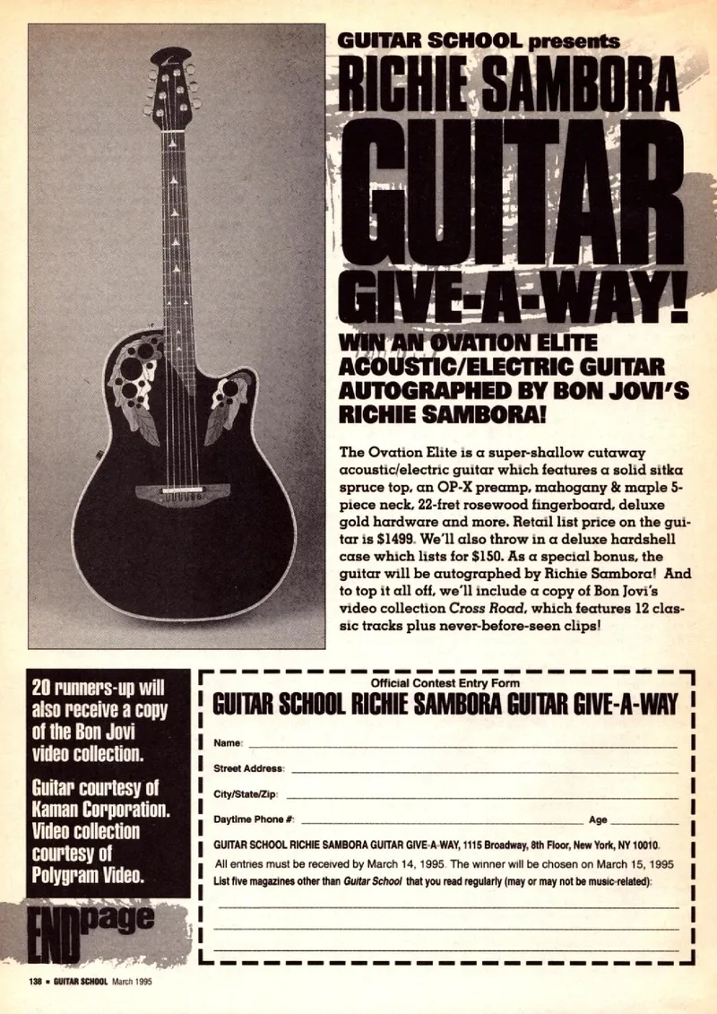 Guitar School Richie Sambora Guitar Give-A-Way – Ovation Elite Acoustic/Electric Guitar Contest Ad