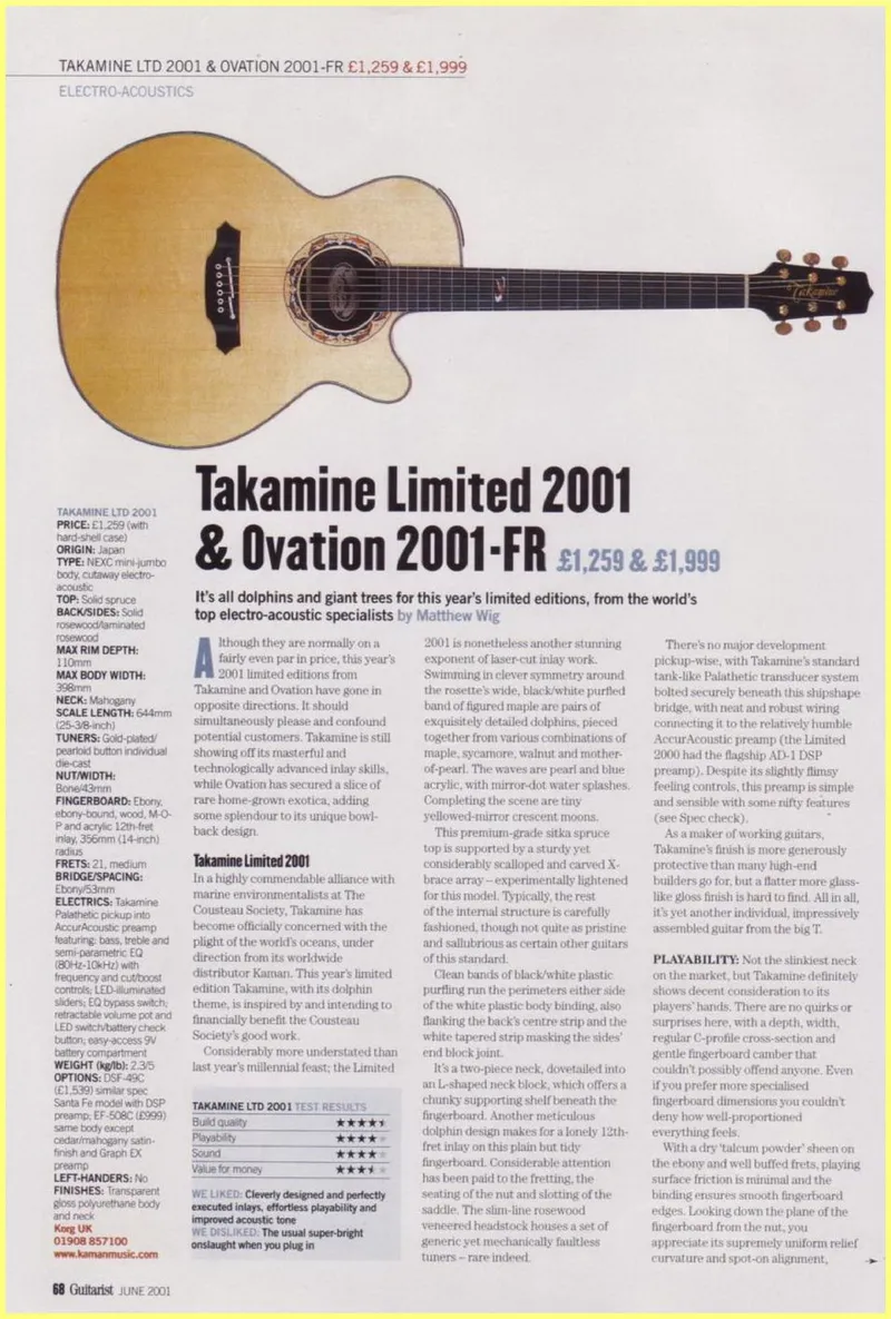 Takamine ltd 2001 ovation 2001 fr review guitarist magazine june 2001 page 01