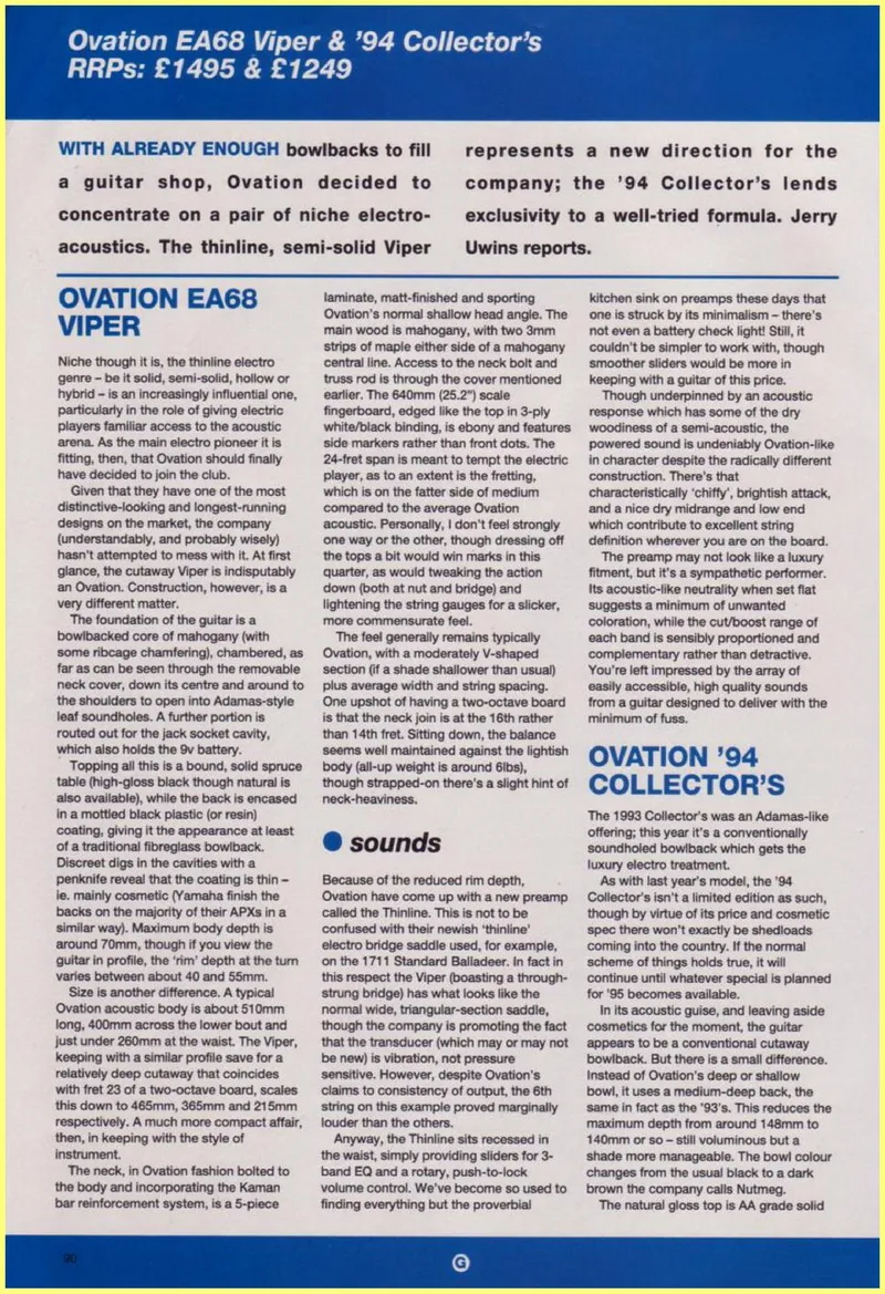 Ovation EA68 Viper & '94 Collector's Guitar Review – TGM UK Magazine