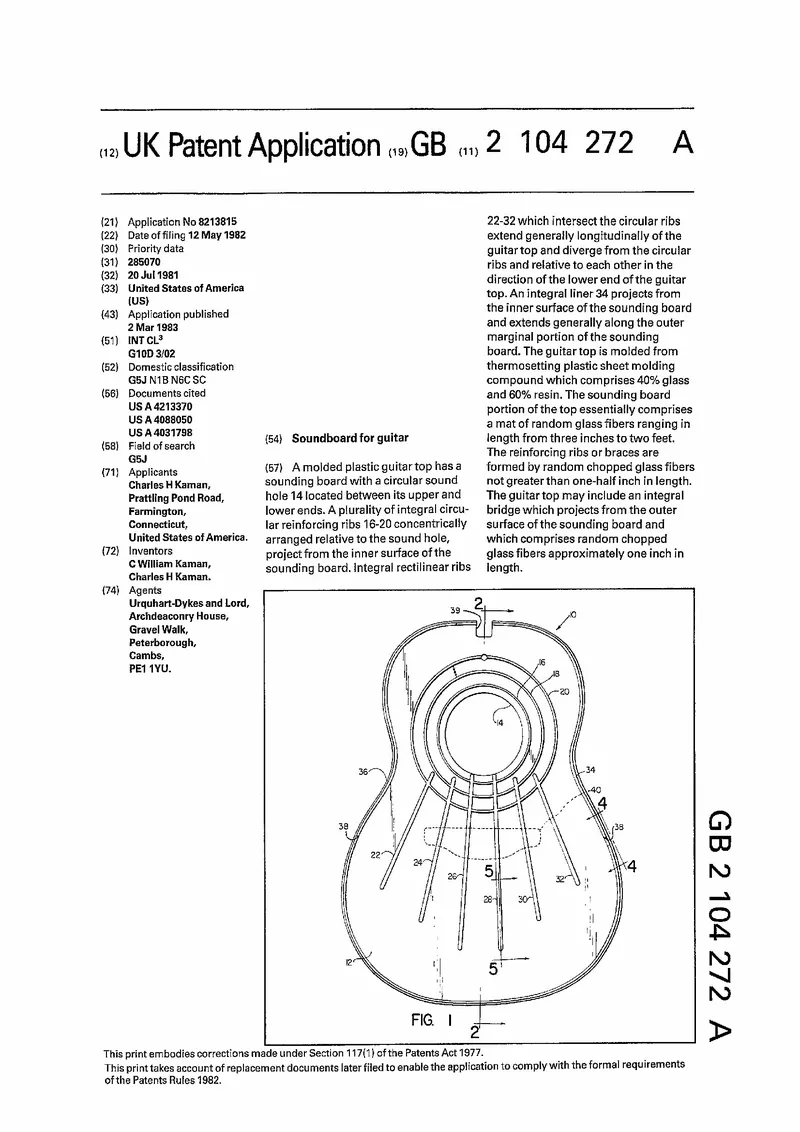 Soundboard for Guitar - Molded Plastic Composite Top with Integral Reinforcing Ribs