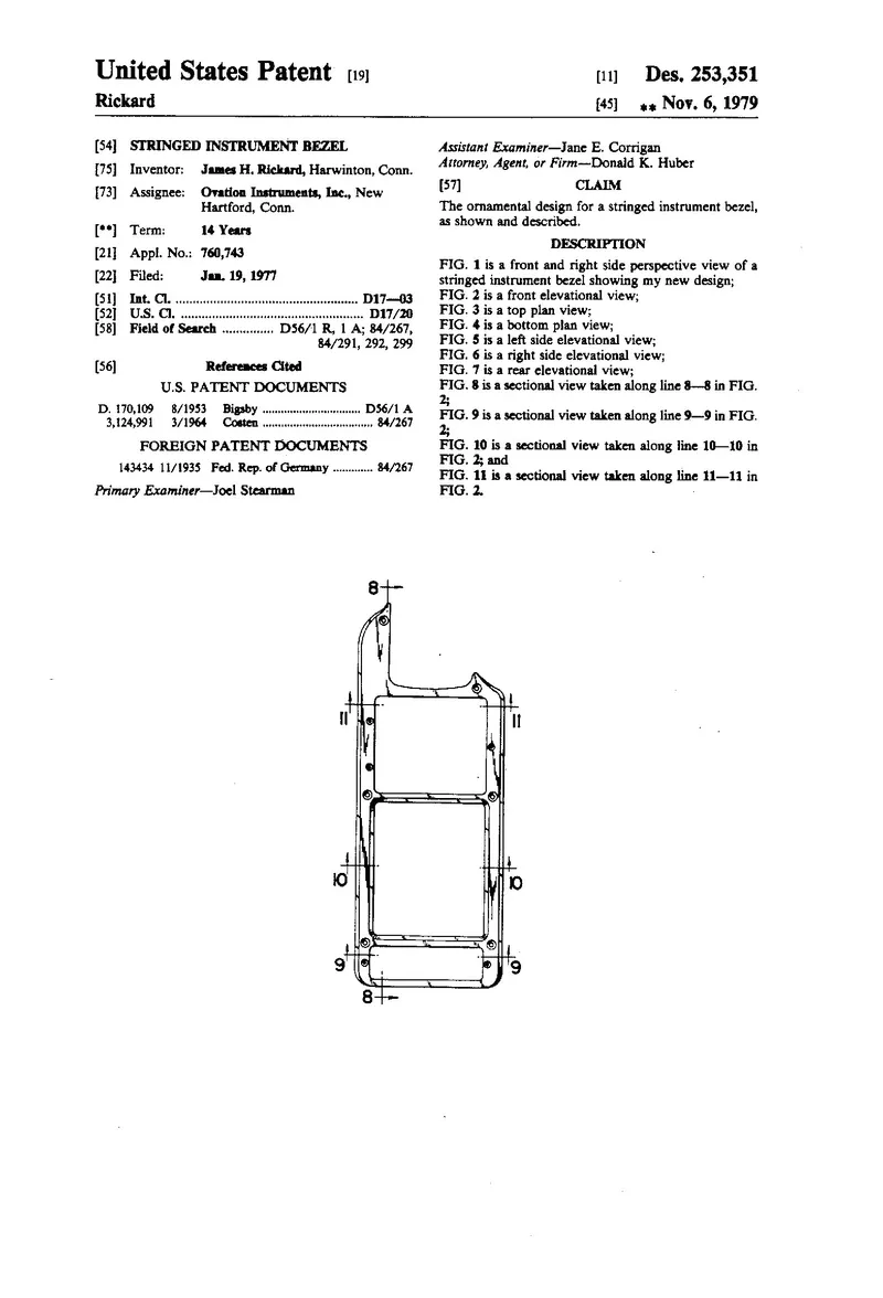 Stringed Instrument Bezel – Ornamental Design Patent for Ovation Guitar Pickup Bezel
