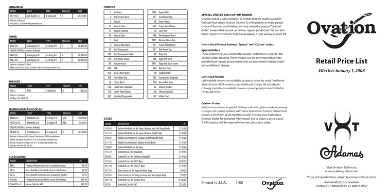Ovation Guitars Retail Price List - Effective January 1, 2008