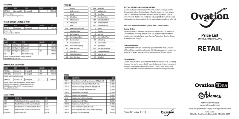 Ovation Guitars USA Retail Price List – Effective January 1, 2010