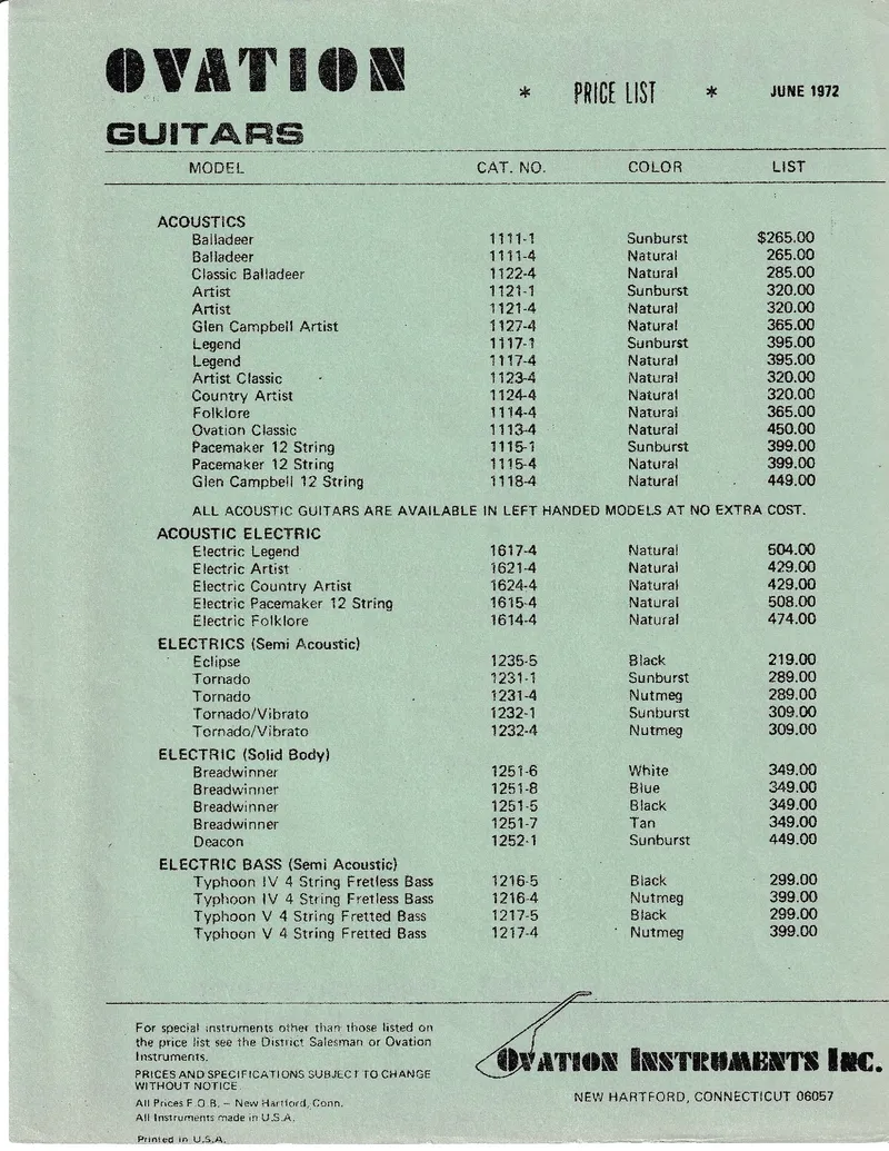 Ovation Guitars Price List - June 1972