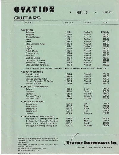 Ovation guitars price list june 1972 page 01