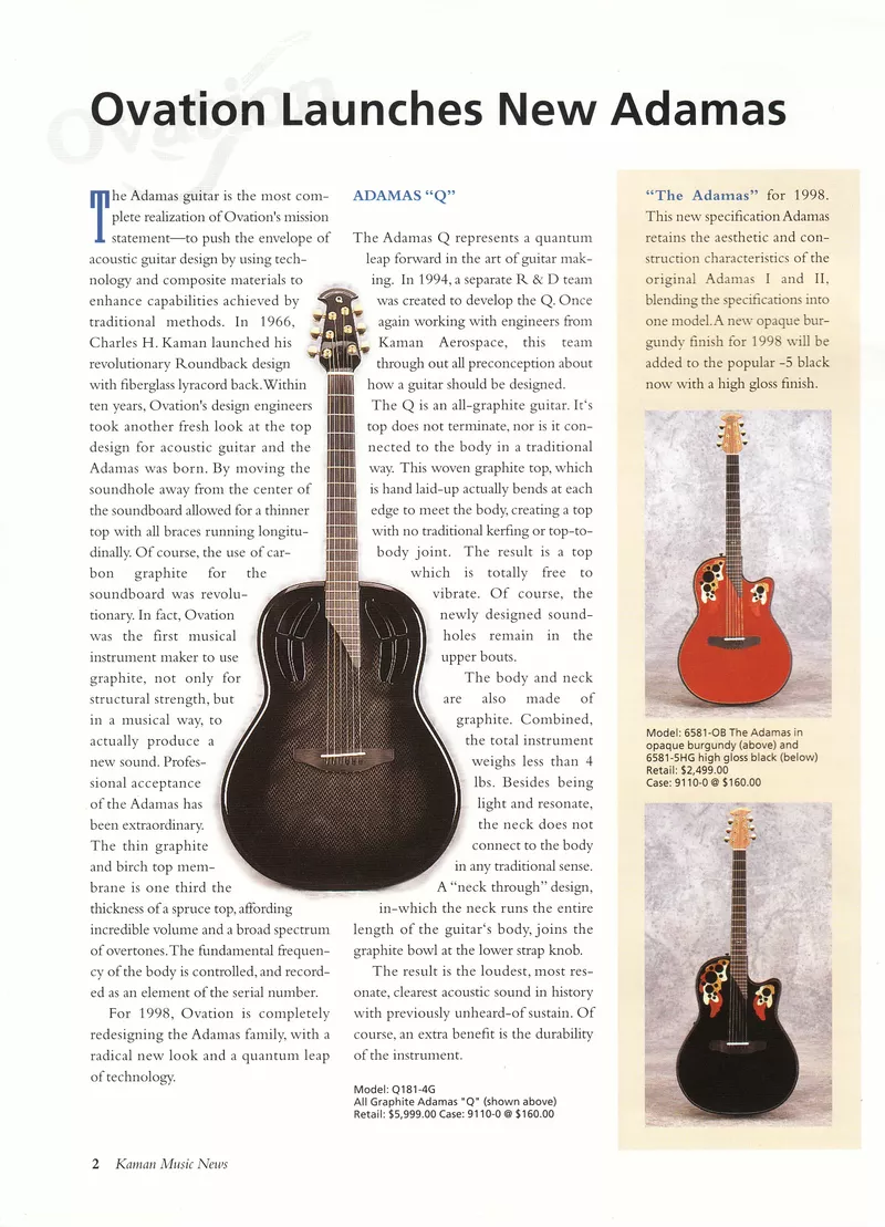 Ovation Launches New Adamas - Kaman Music News
