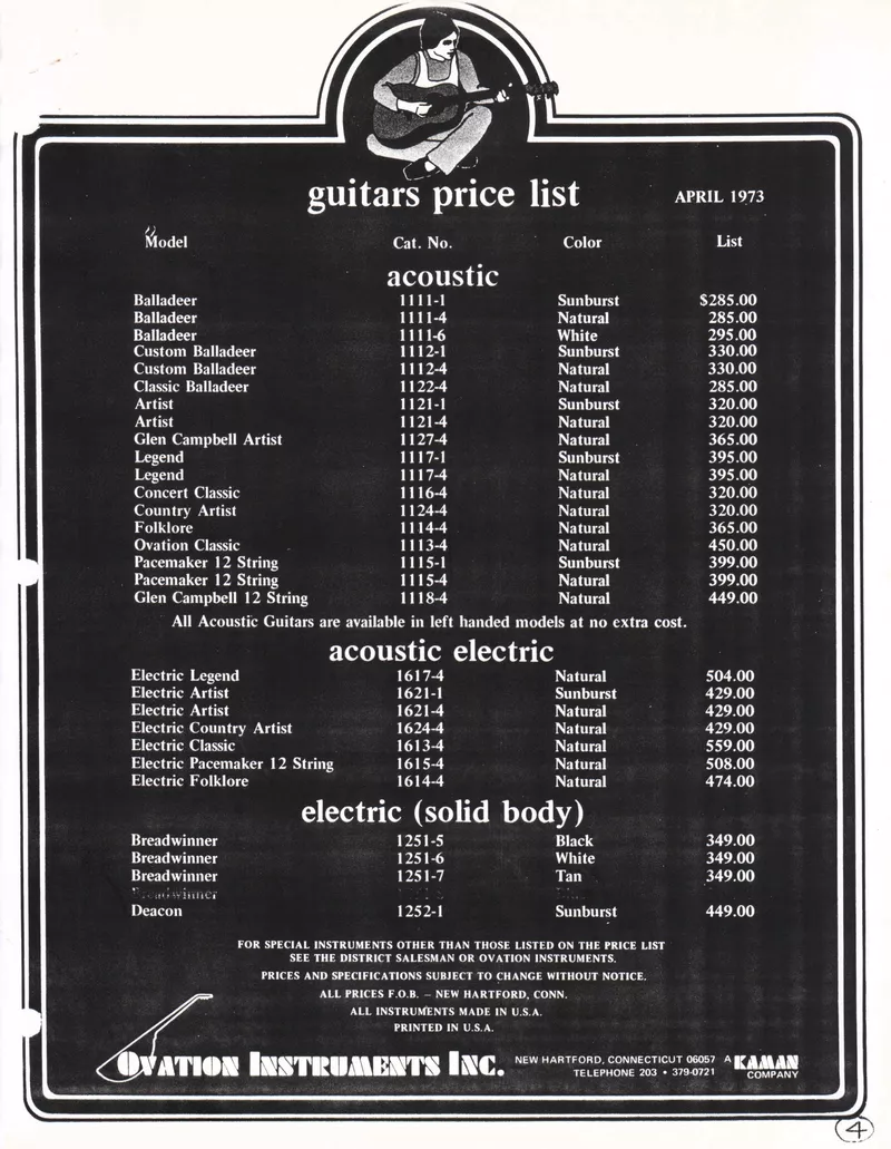 Ovation Instruments Inc. April 1973 Guitars and Accessories Price List