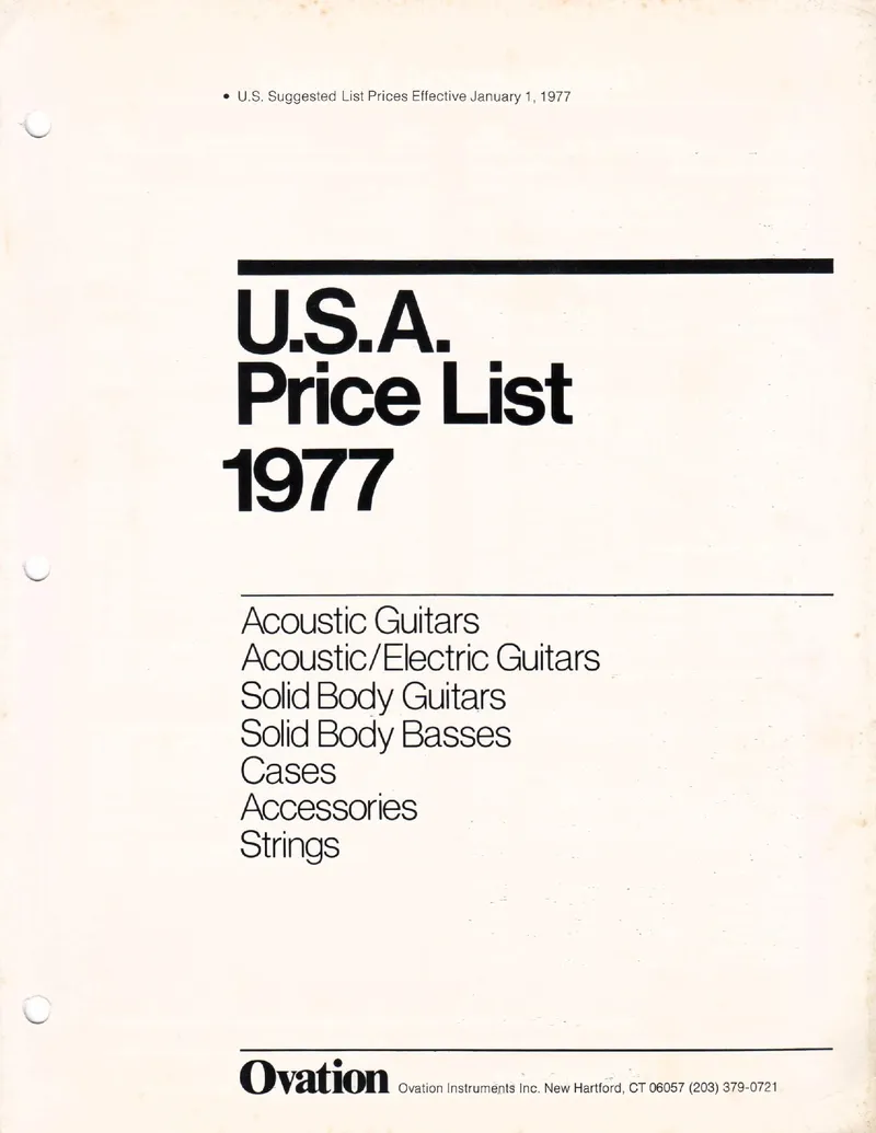 Ovation Instruments U.S.A. Price List January 1977