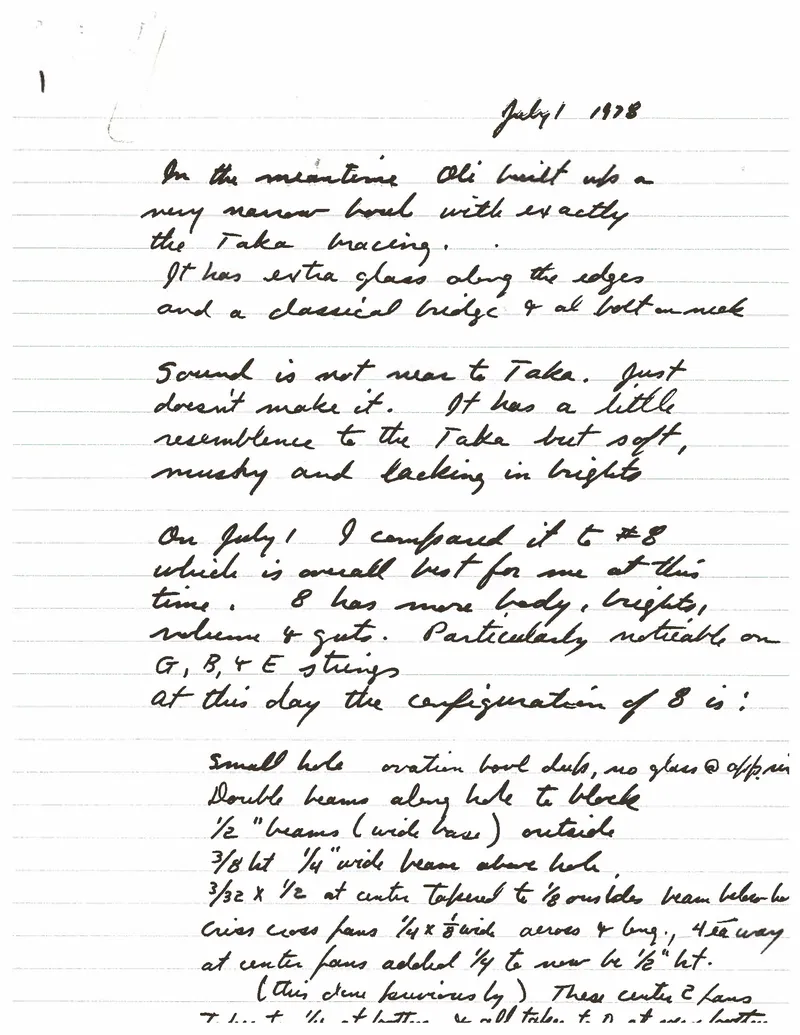 Classical Guitar Study - July 1, 1978 Internal Research Notes on Bowl and Bracing Configurations