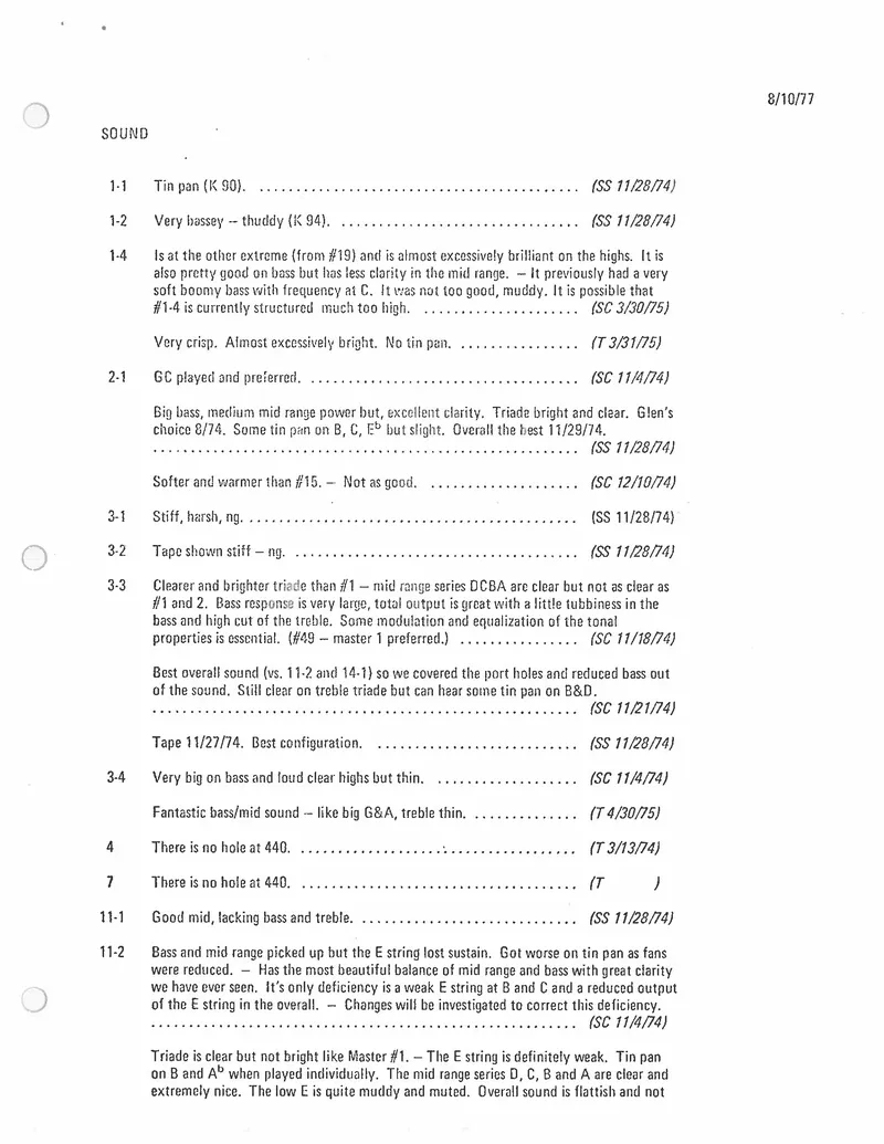 Miscellaneous notes from Charles H. Kaman - Ovation Guitar Sound Evaluation Log (1974-1977)