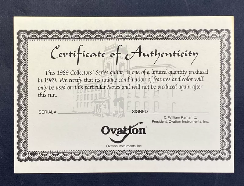 Ovation 1989 Collectors' Series Certificate of Authenticity