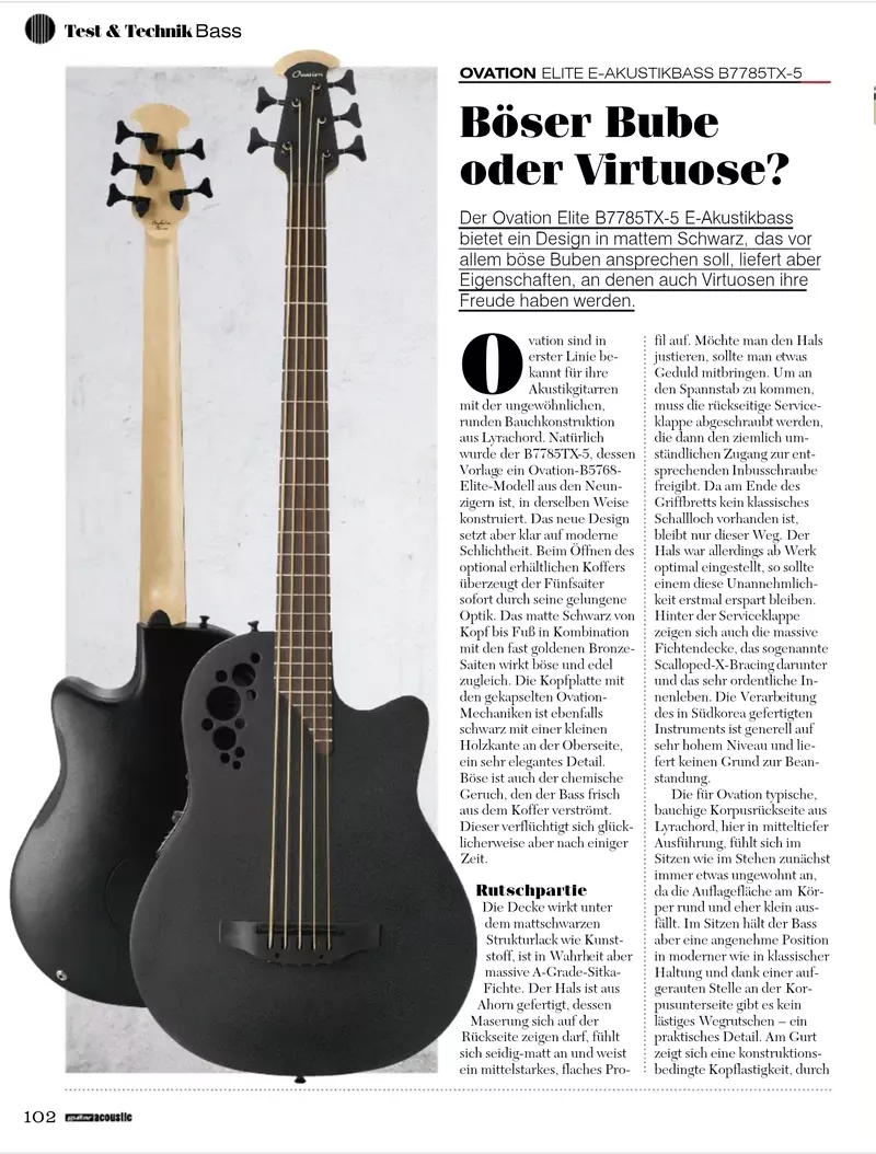Ovation Elite B7785TX-5 Bass Review in Guitar Acoustic Magazine (Issue 1/2020)