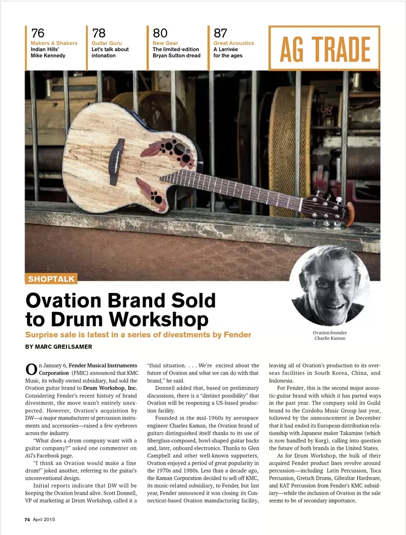 Ovation Brand Sold to Drum Workshop - AG Trade Shoptalk Article