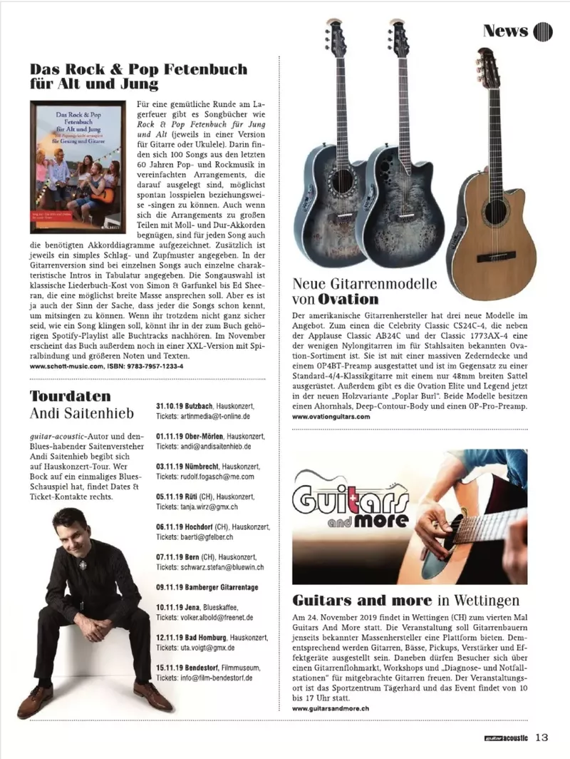 Ovation New Guitar Models Feature in Guitar Acoustic Magazine