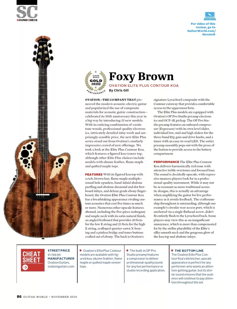 Guitar World November 2016 - Ovation Elite Plus Contour Koa Review