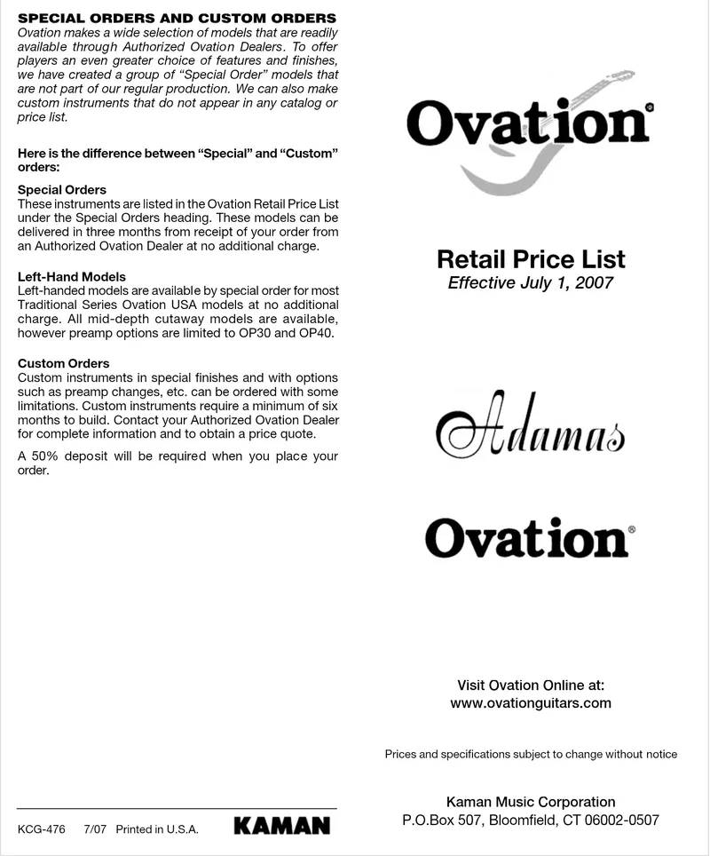 Ovation & Adamas Retail Price List - Effective July 1, 2007