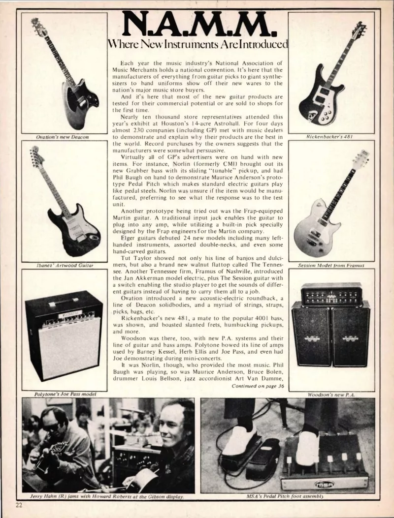 September 1974 NAMM Coverage featuring Ovation Deacon - Guitar Player Magazine