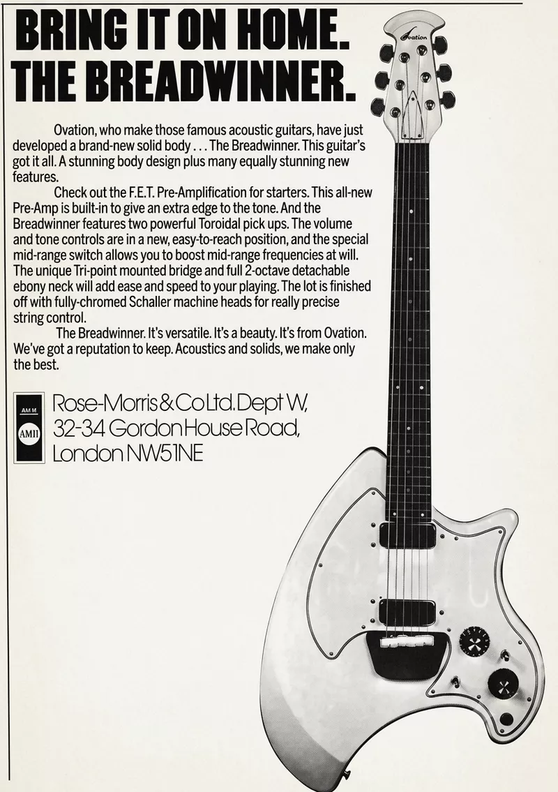 Ovation Breadwinner Guitar Advertisement in UK Music Trade Publication