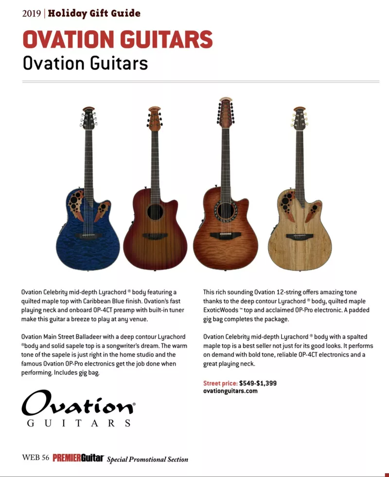 Ovation Guitars 2019 Holiday Gift Guide - Premier Guitar Special Promotion Ad