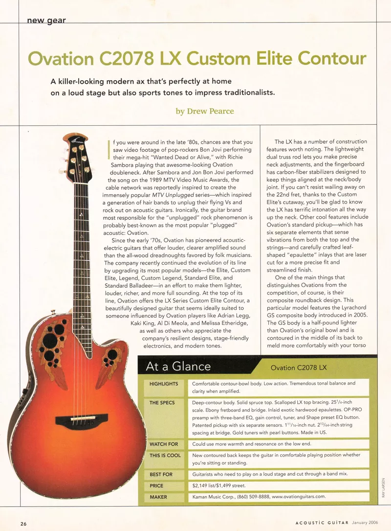 Ovation C2078 LX Custom Elite Contour - New Gear Review, Acoustic Guitar Mag