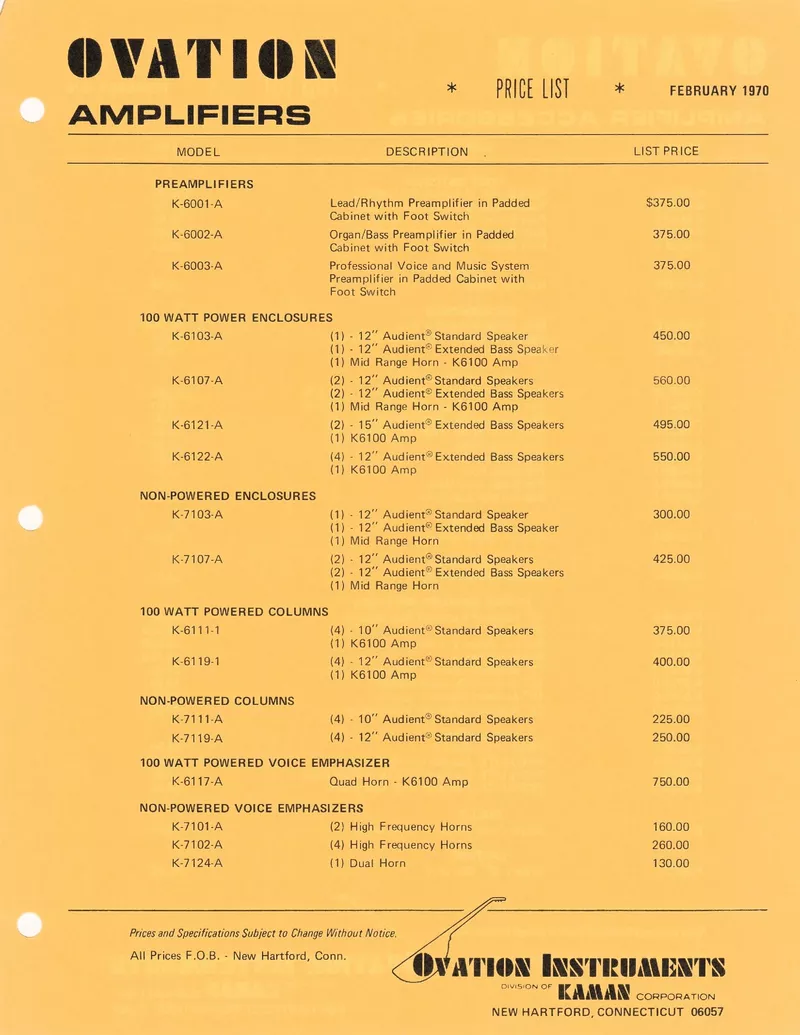 Ovation Amplifiers Price List - February 1970