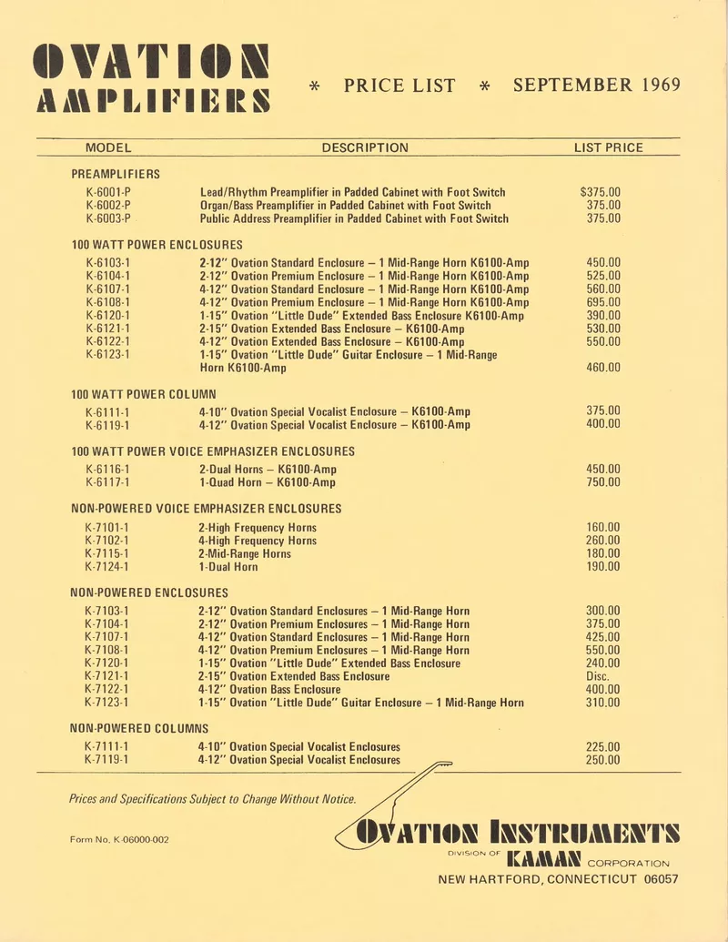 Ovation Amplifiers Price List - September 1969