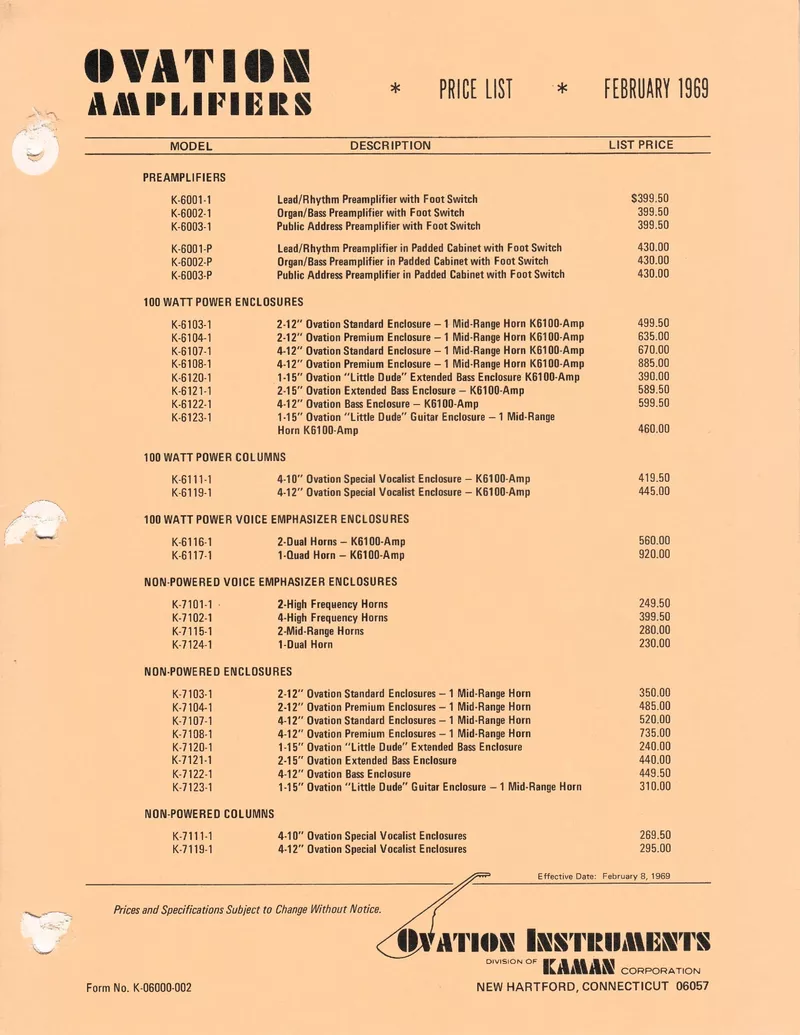 Ovation Amplifiers Price List – February 1969