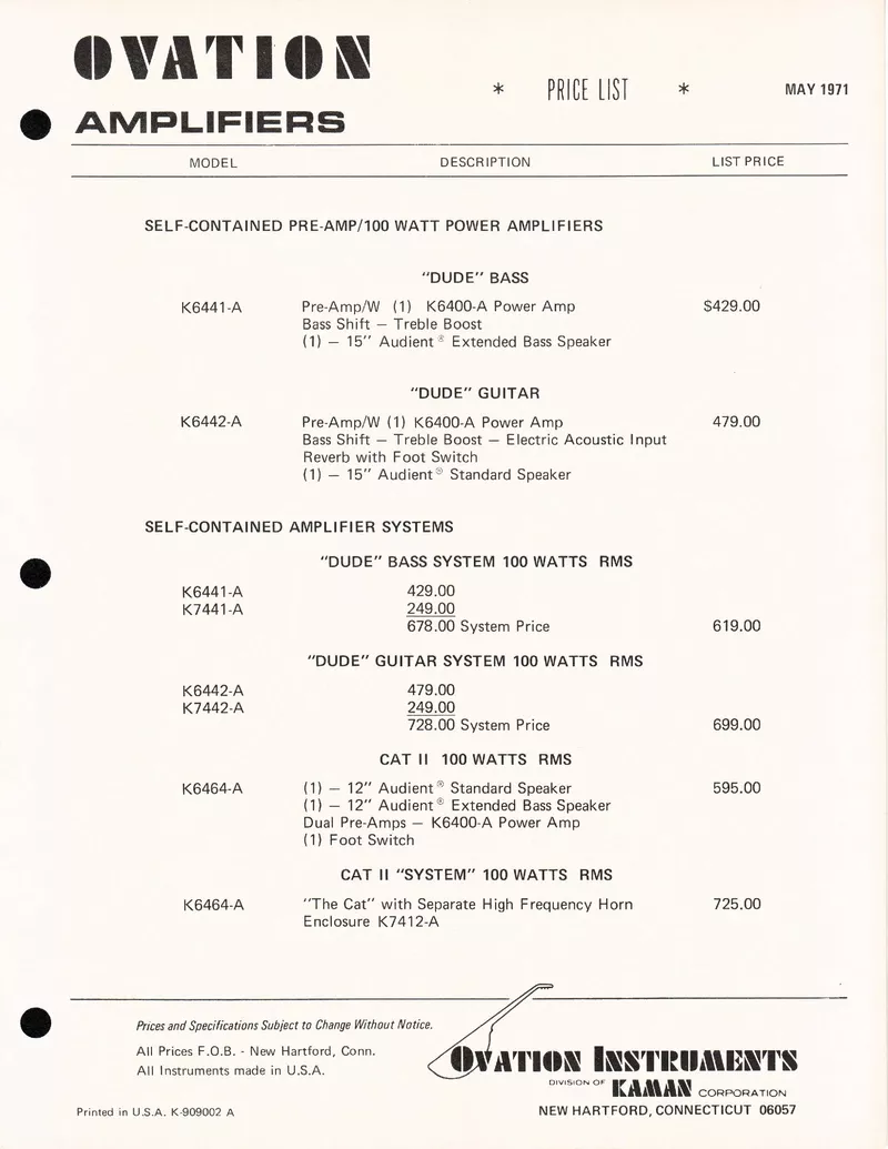 Ovation Amplifiers Price List - May 1971