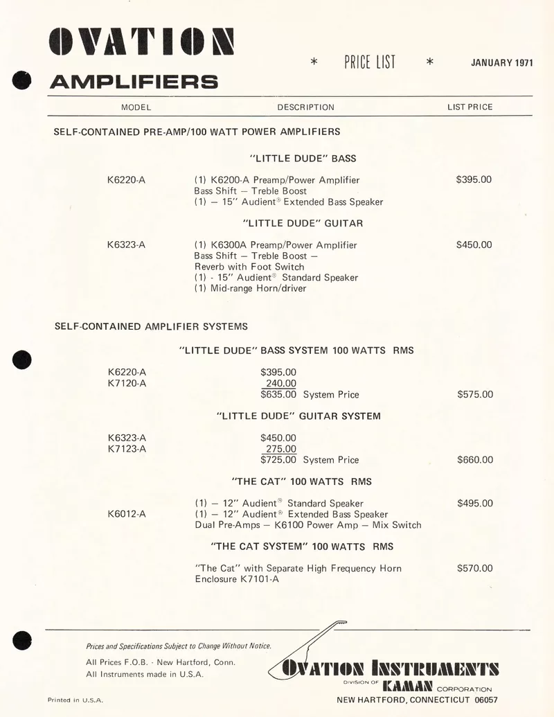 Ovation Amplifiers & Amplifier Accessories Price List - January 1971