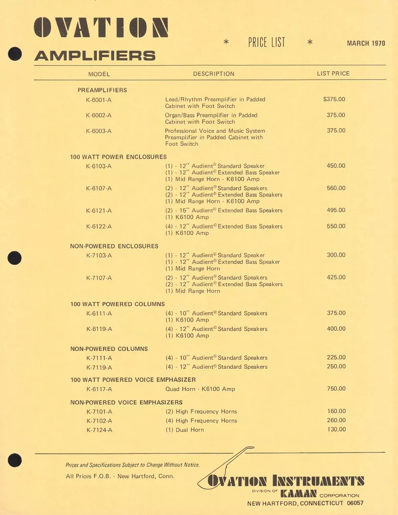 Ovation Amplifiers & Amplifier Accessories Price List - March 1970