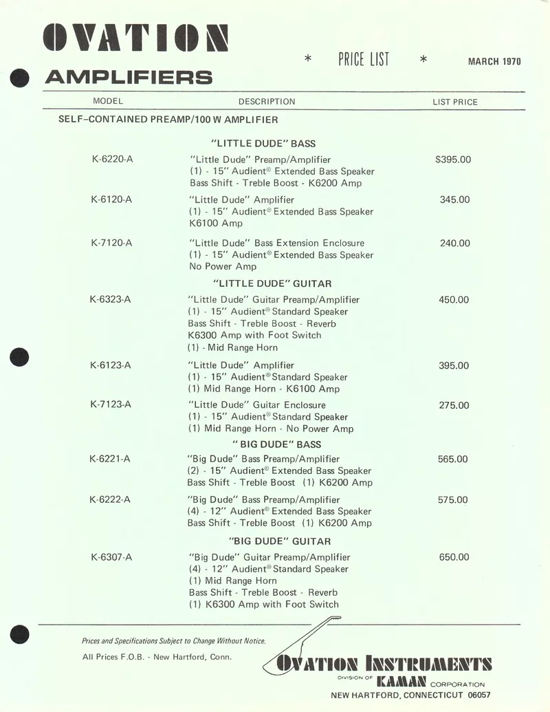 Ovation Amplifiers Price List - March 1970