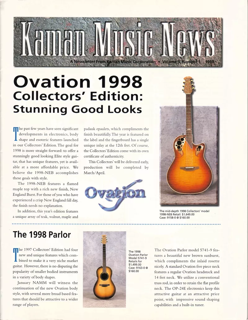 Kaman Music News - Ovation 1998 Product Line Newsletter (Volume 3, Number 1)