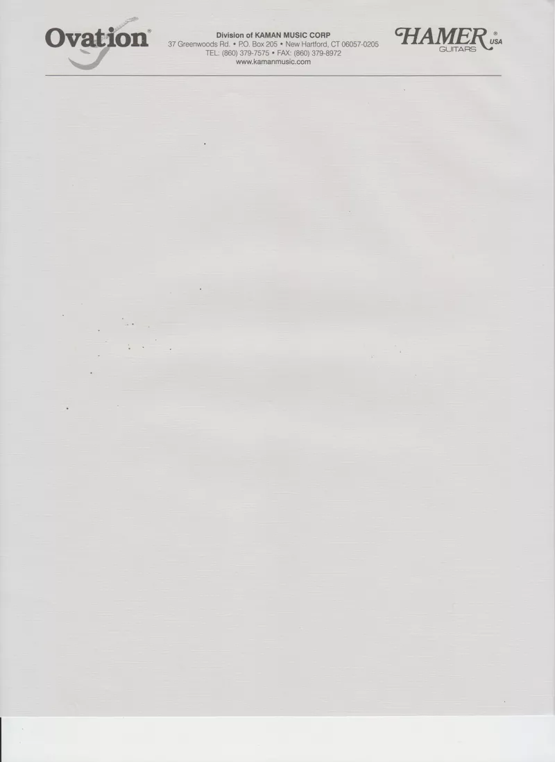 Kaman Music Corp / Ovation & Hamer Guitars Blank Letterhead