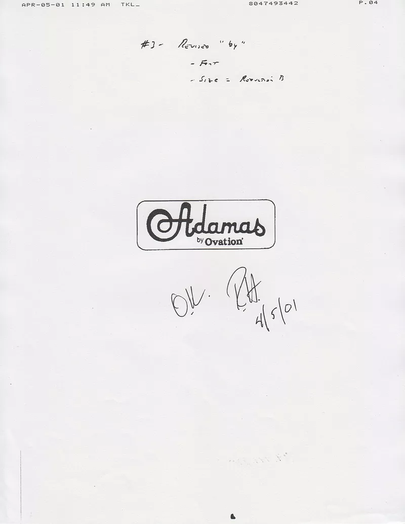 Adamas by Ovation Q Development Meeting Notes and Logo Approval - April 2001