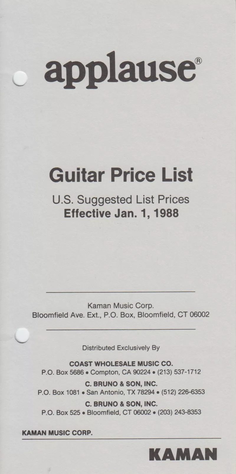 Applause Guitar US Price List - Effective January 1, 1988