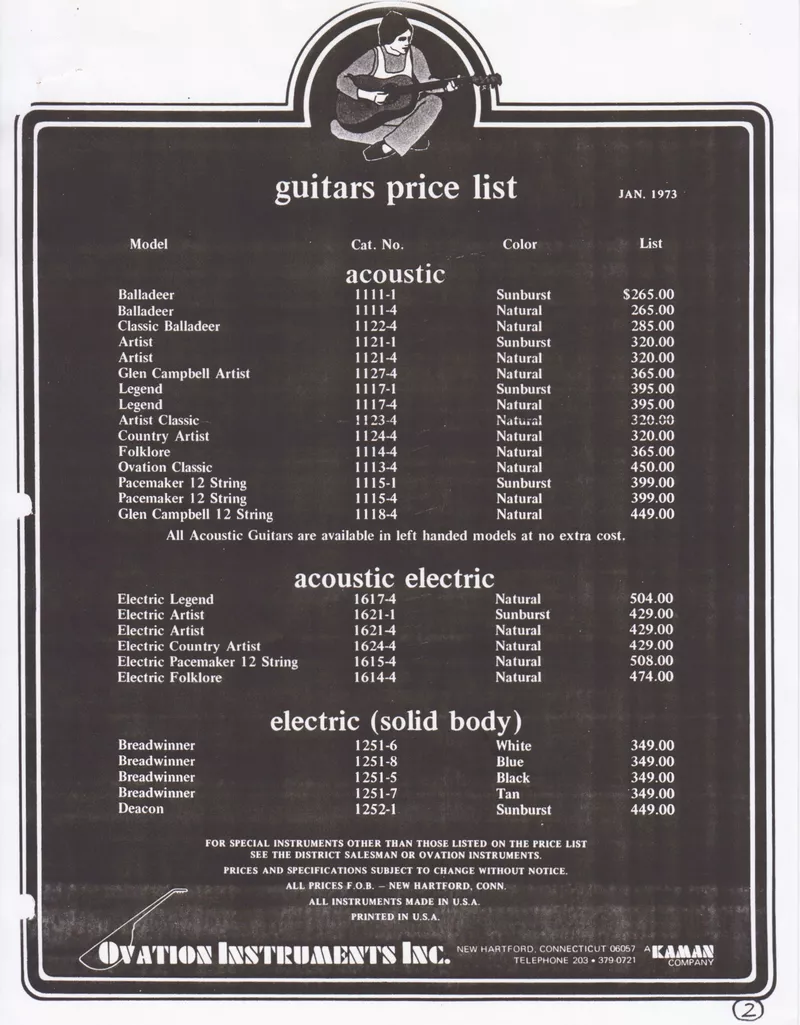 Ovation Guitars & Accessories Price List – January 1973