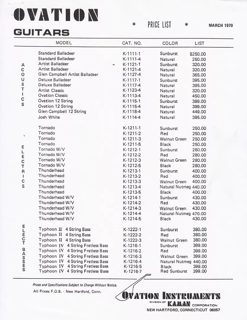 Ovation Guitars & Accessories Price List – March 1970