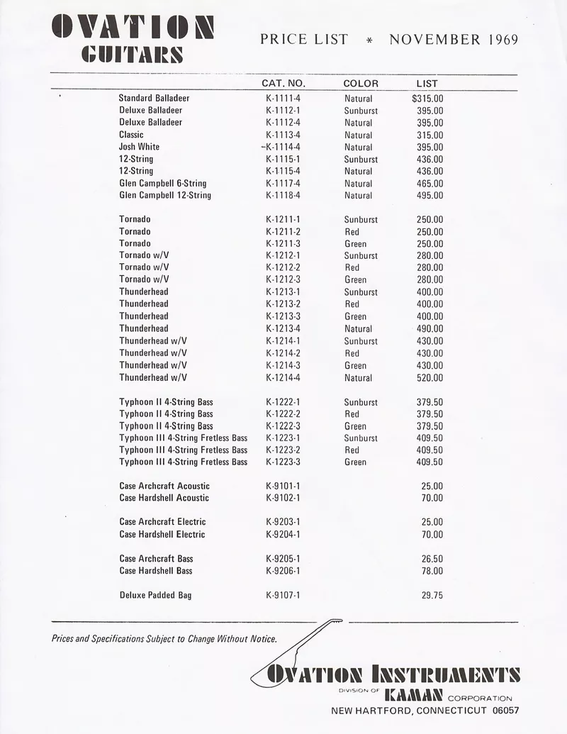 Ovation Guitars Price List – November 1969