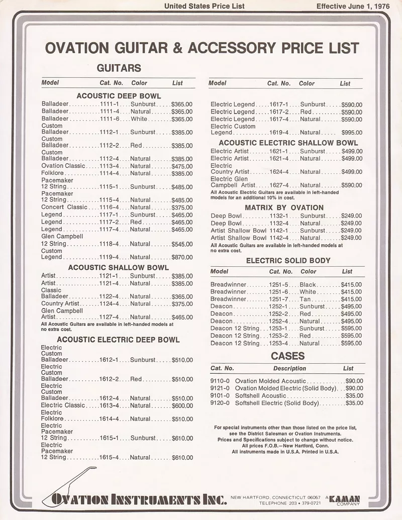 Ovation Guitar & Accessory Price List – Effective June 1, 1976